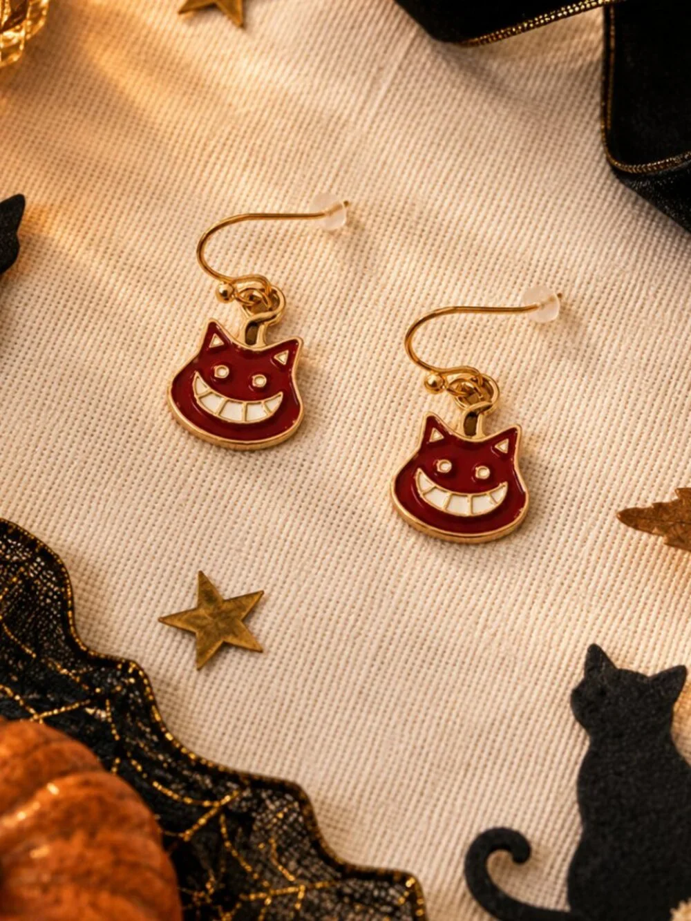 Cheshire Cat Dangle Earrings Red Enamel Gold Halloween Cat Jewelry - Picture 2 of 5
